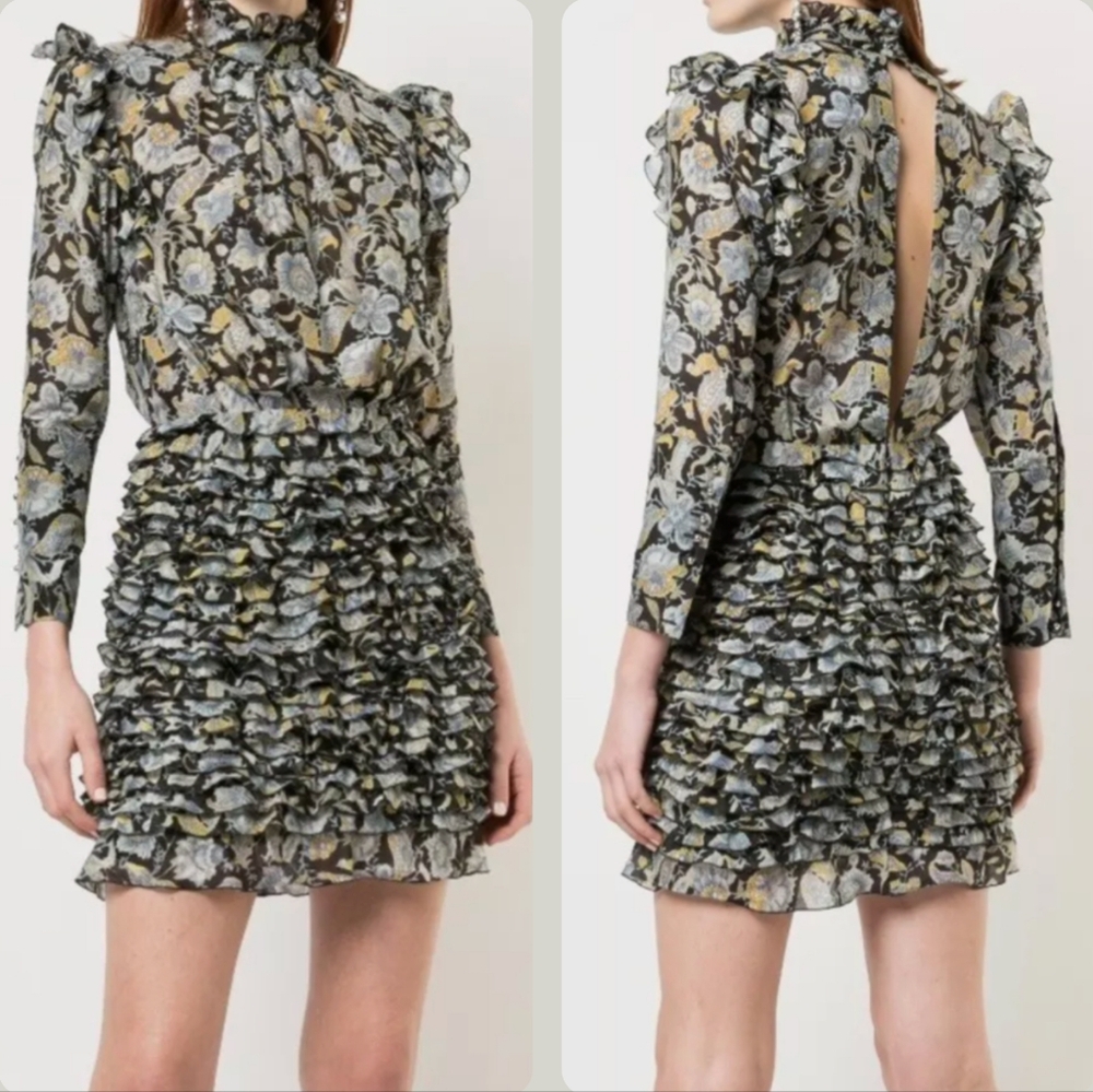 Robert Rodriguez Nikita Silk Blend High Neck Ruffle Floral Long Sleeve Dress S